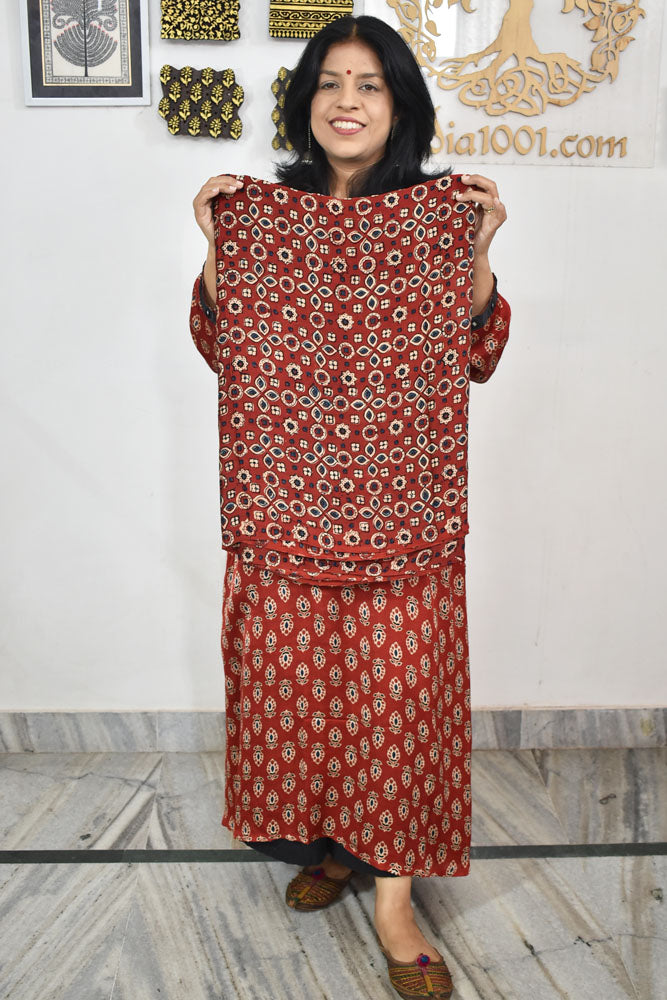 Beautiful Modal Silk Ajrakh Hand Block Print Fabric - 3 mtrs cut