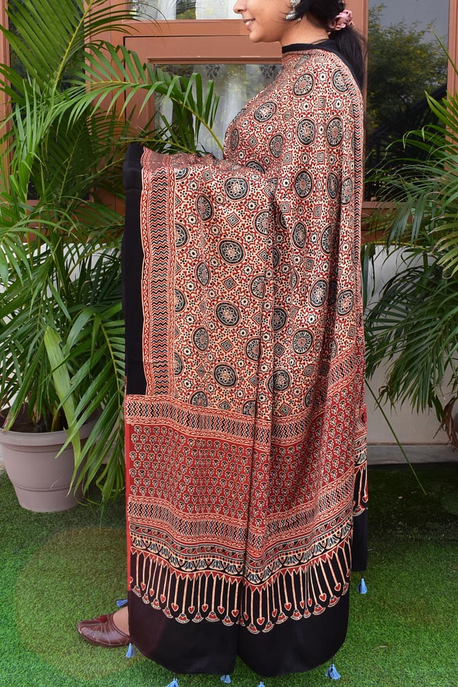 Elegant Modal Silk Ajrakh Block Print Dupatta with tassels