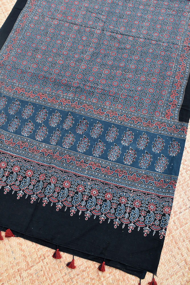 Ajrakh Hand Block Printed Cotton Dupatta with Tassels with natural dyes