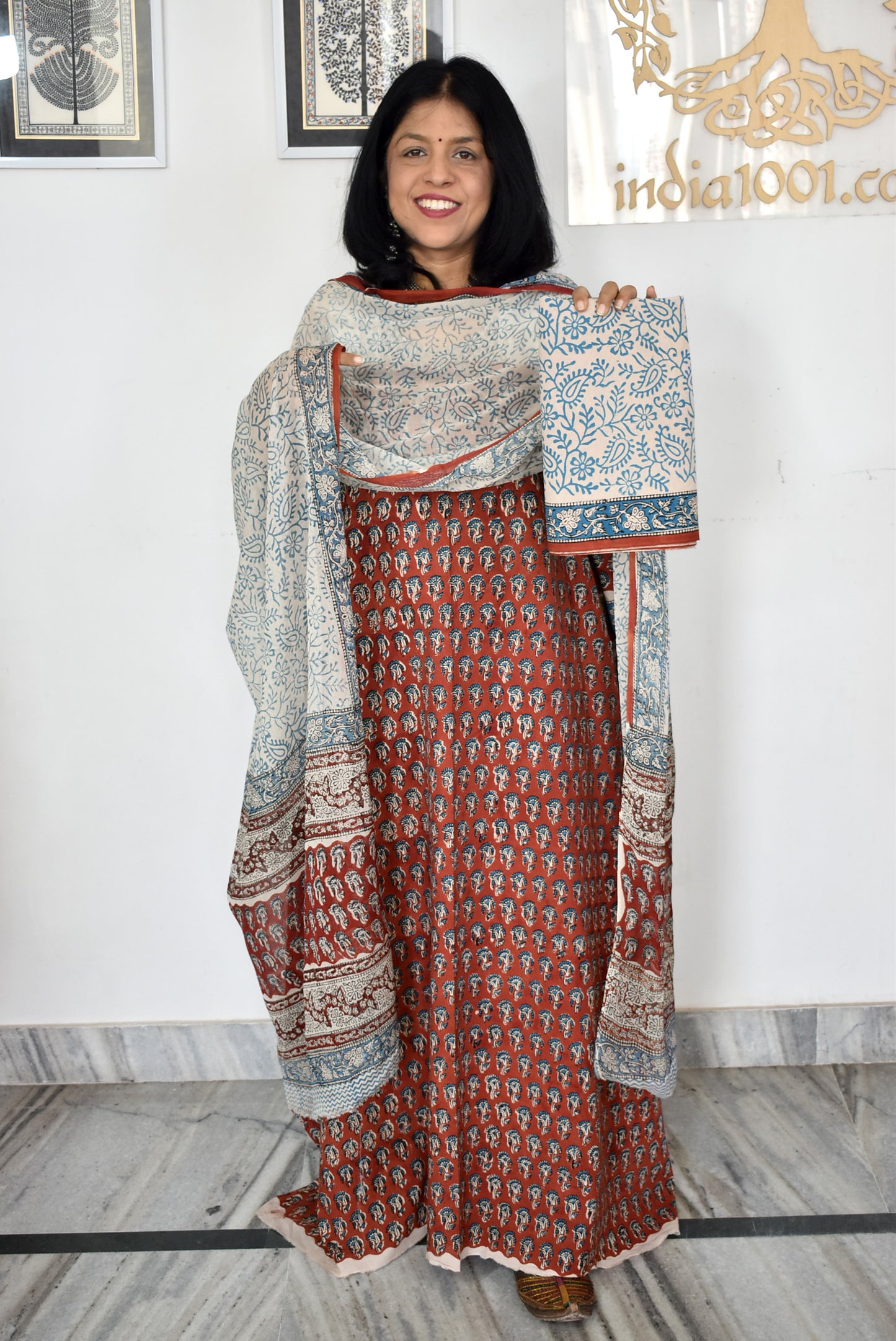 Elegant Bagru Block Printed unstitched suit fabric with chiffon dupatta