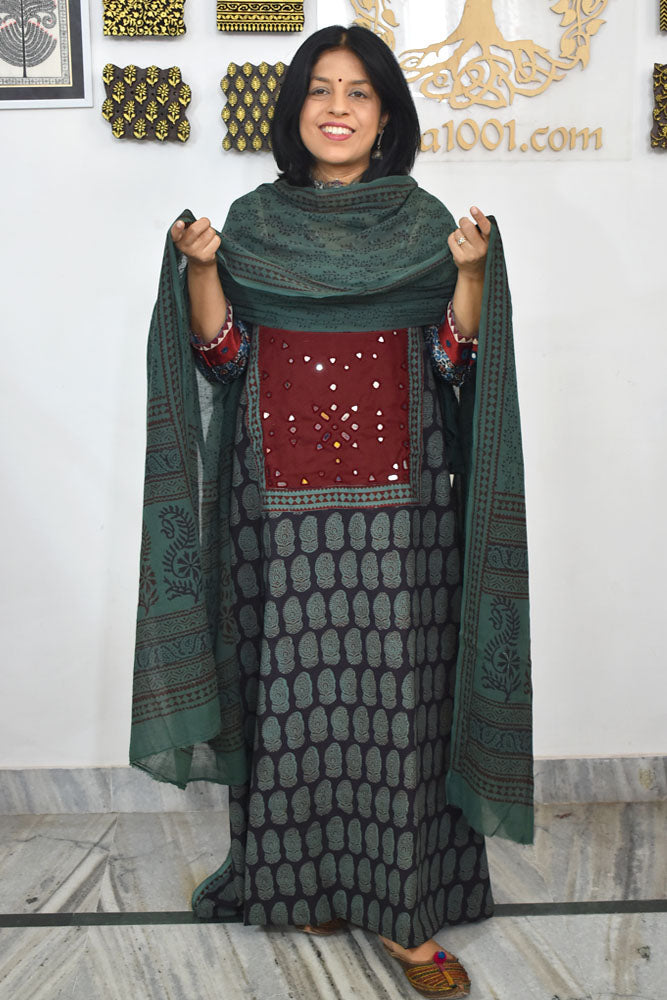 Bagh Hand Block Printed unstitched 3 pc Cotton suit fabric with Kutch Mirror Work
