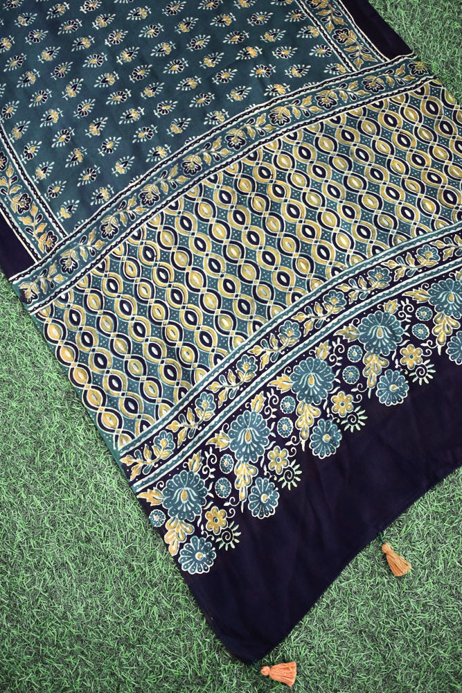Beautiful Hand Block Printed Ajrakh Modal Silk stole with Tassels