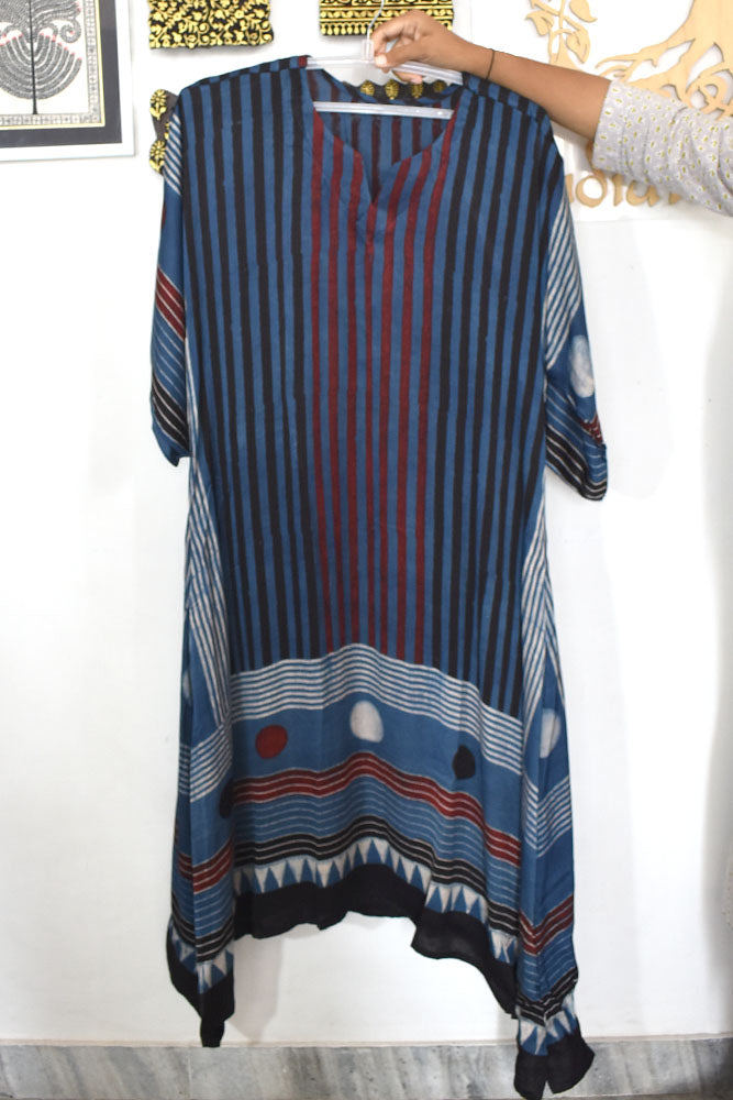 Beautiful Hand Block Printed Ajrakh Modal Silk Kaftan Kurta, Size 40 to 44