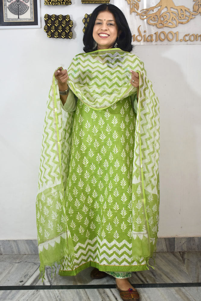 Elegant Kota cotton suit with tepchi work & Hand block printed dupatta