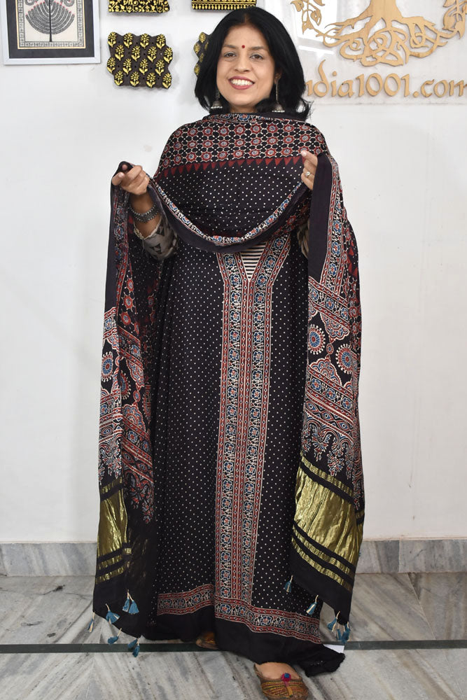 Beautiful Hand Block printed Ajrakh Modal silk suit with Lagdi patta dupatta