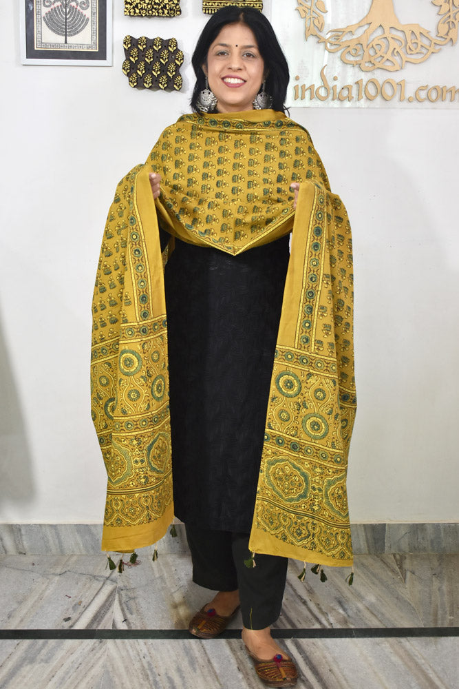 Ajrakh Hand Block Printed Cotton Dupatta with Tassels & natural dyes