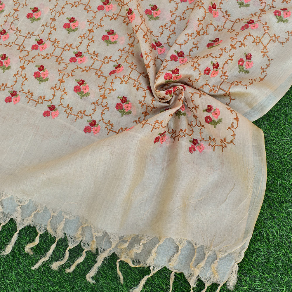 Elegant Pure Tussar Silk Dupatta with All over Intricate Embroidery