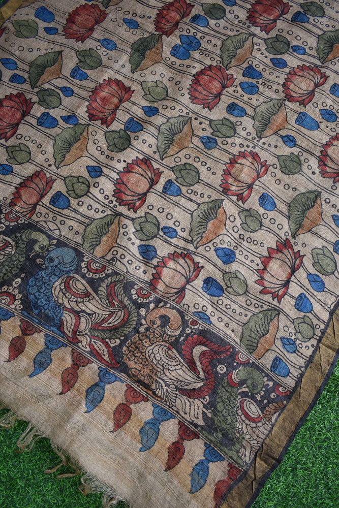 Earthy Hand Painted Kalamkari Desi Tussar Silk Dupatta