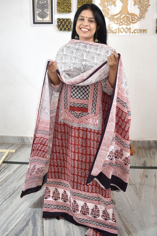 Bagh Hand Block Printed unstitched 3 pc Cotton suit fabric with block print from MP
