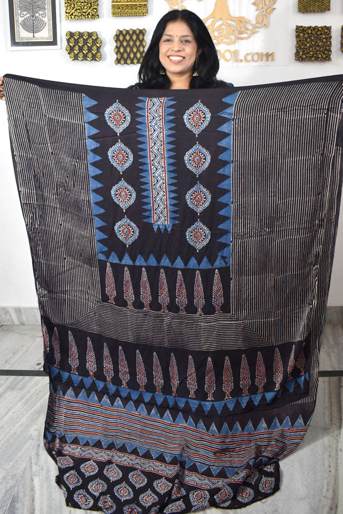 Designer Modal Silk Ajrakh Hand Block Print Kurta Fabric - 3 mtrs cut