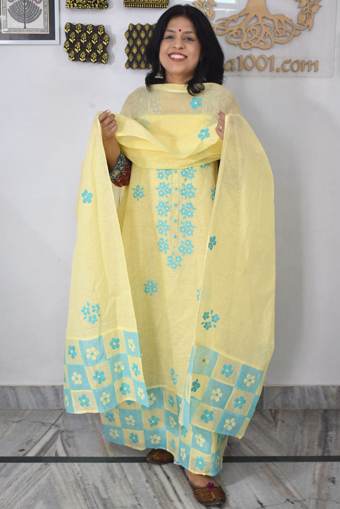 Elegant Organdy Semi Stiched Kurta & Dupatta set with Hand done Phool patti work and Applique border & Cotton Bottom