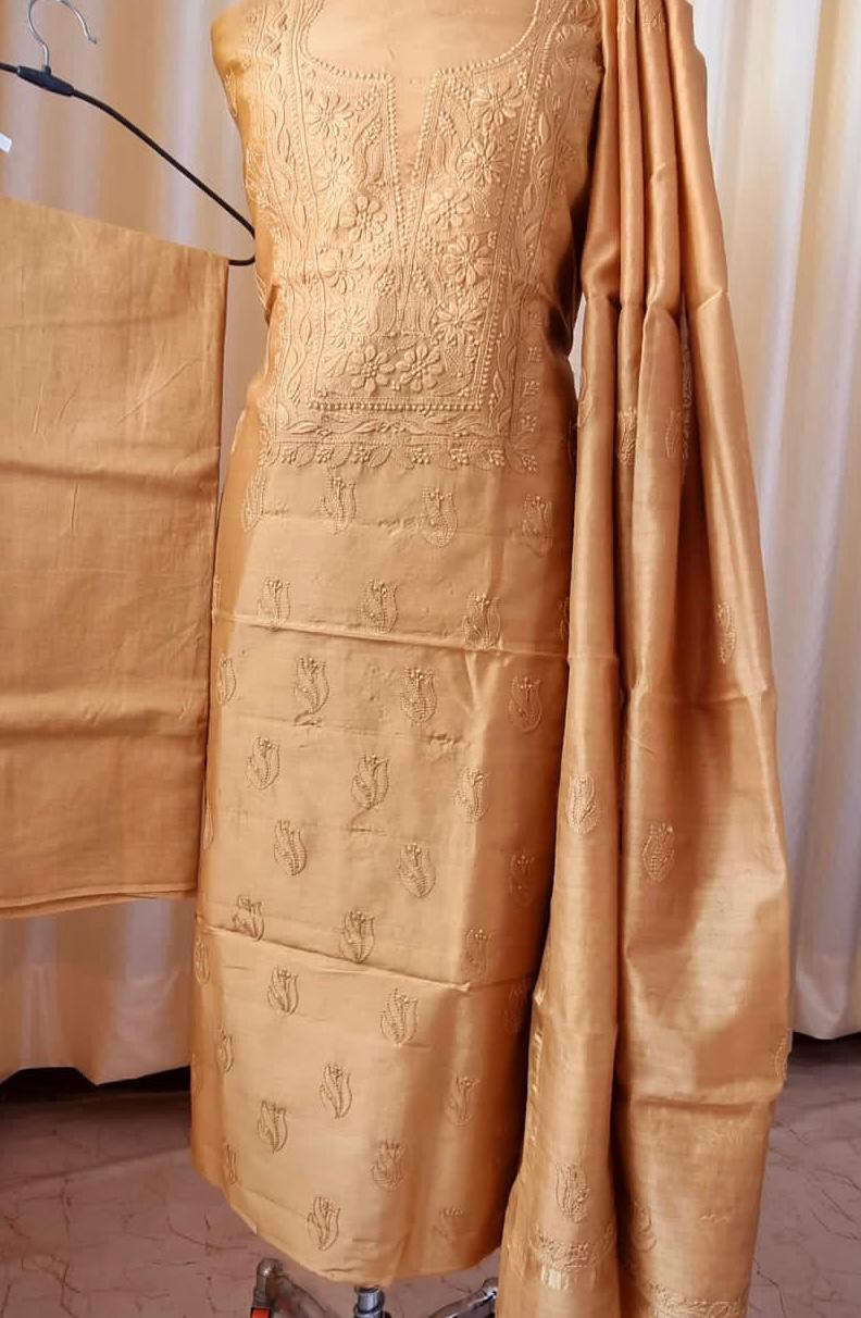 Elegant Chanderi silk Cotton Kurta & Dupatta with Chikankari Embroidery work & cotton bottom - 3 pc set