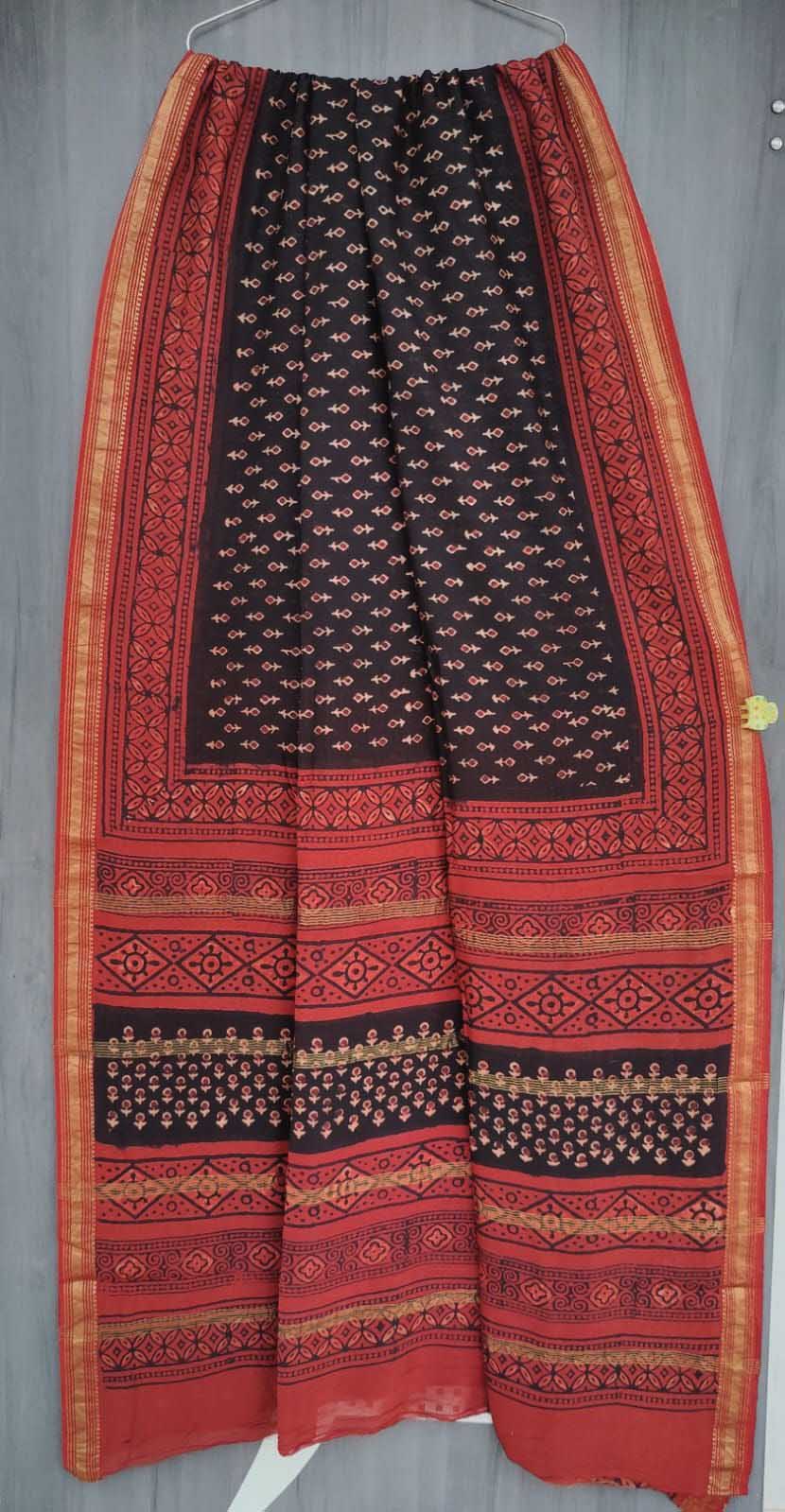 Elegant & Earthy Hand Block Printed Dabu Ajrakh Maheshwari Saree
