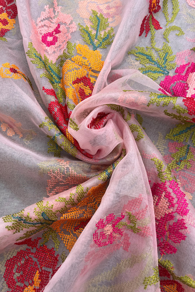 Elegant Pink Organza dupatta with All over Cross Stitch Embroidery