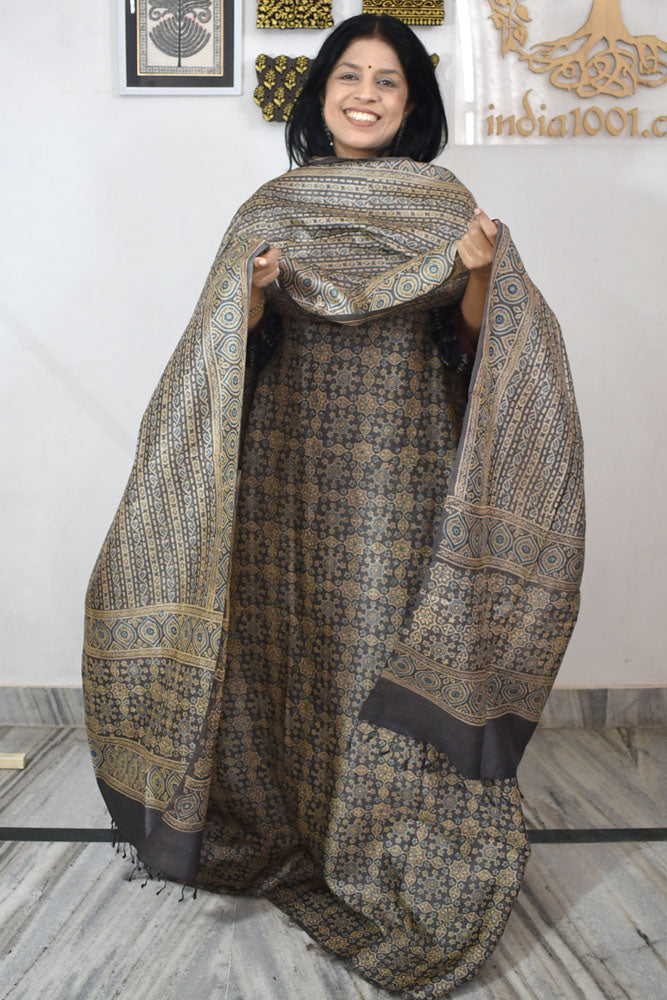 Ajrakh Hand Block printed Tussar Silk Kurta Dupatta Set