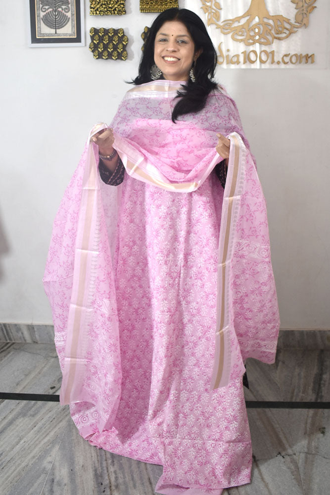 Beautiful Hand Block Printed Cotton unstitched suit fabric with Woven Borders Cotton dupatta
