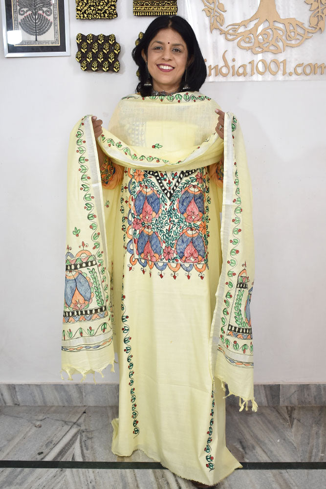 Slub Cotton suit with Hand Painted Madhubani Art patterns
