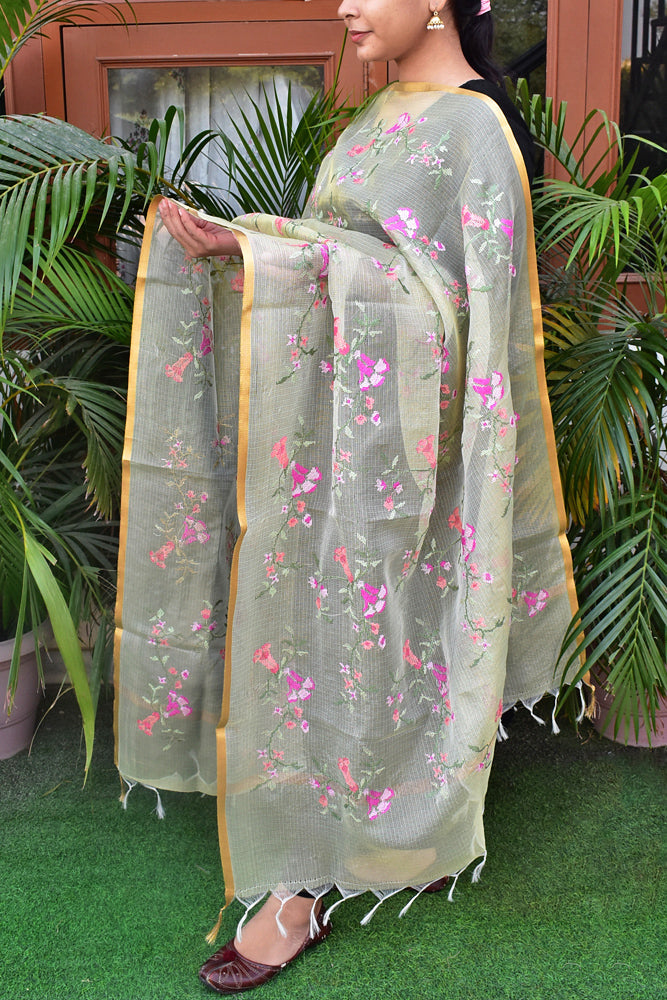 Elegant Kota Tissue dupatta with All over Cross Stitch Embroidery - Lime Green
