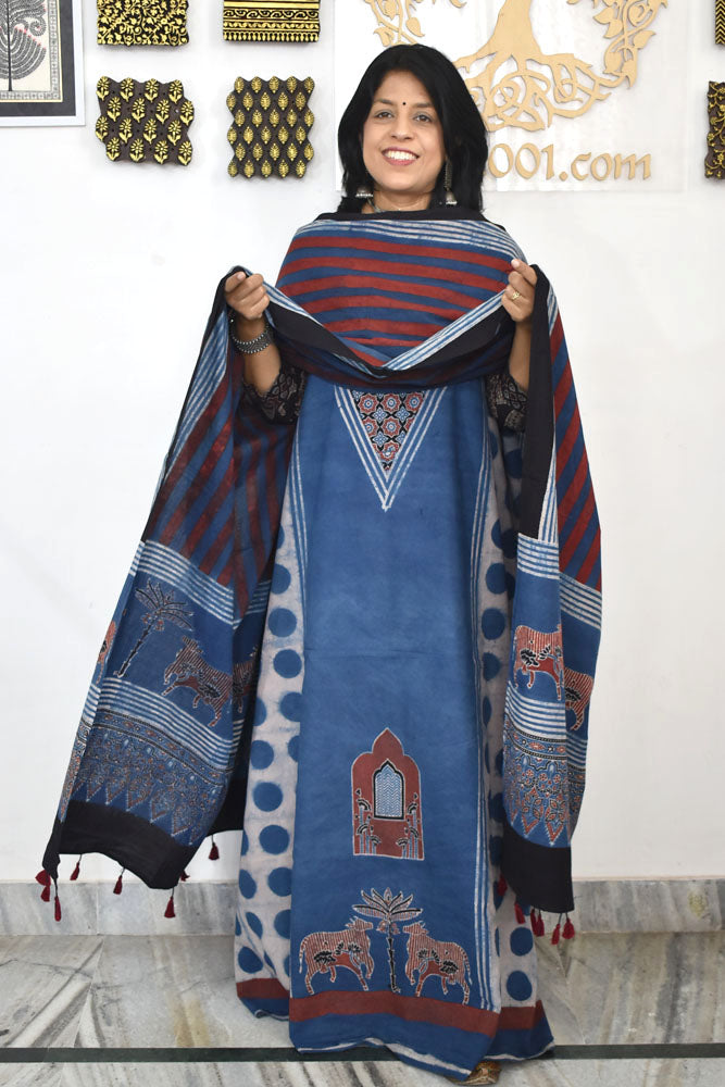 Block Print Ajrakh Cotton Suit with designer Ajrakh neck yoke /panel & Dupatta