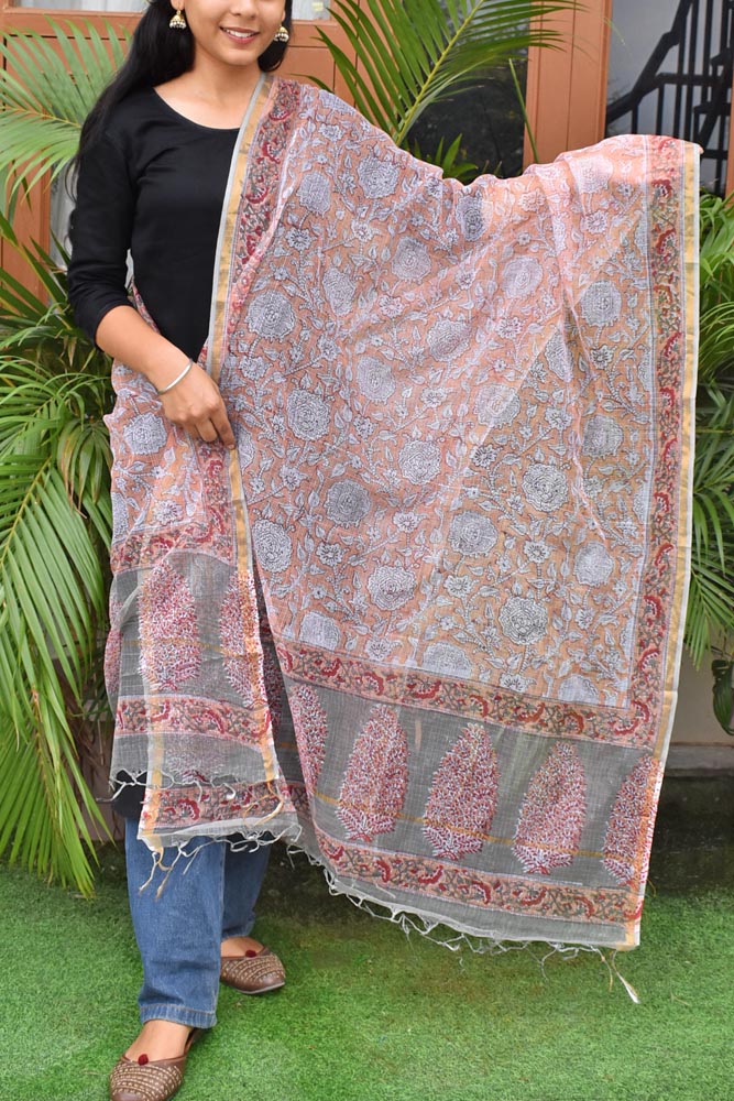 Hand Block Printed Kota Cotton Dupatta with zari border
