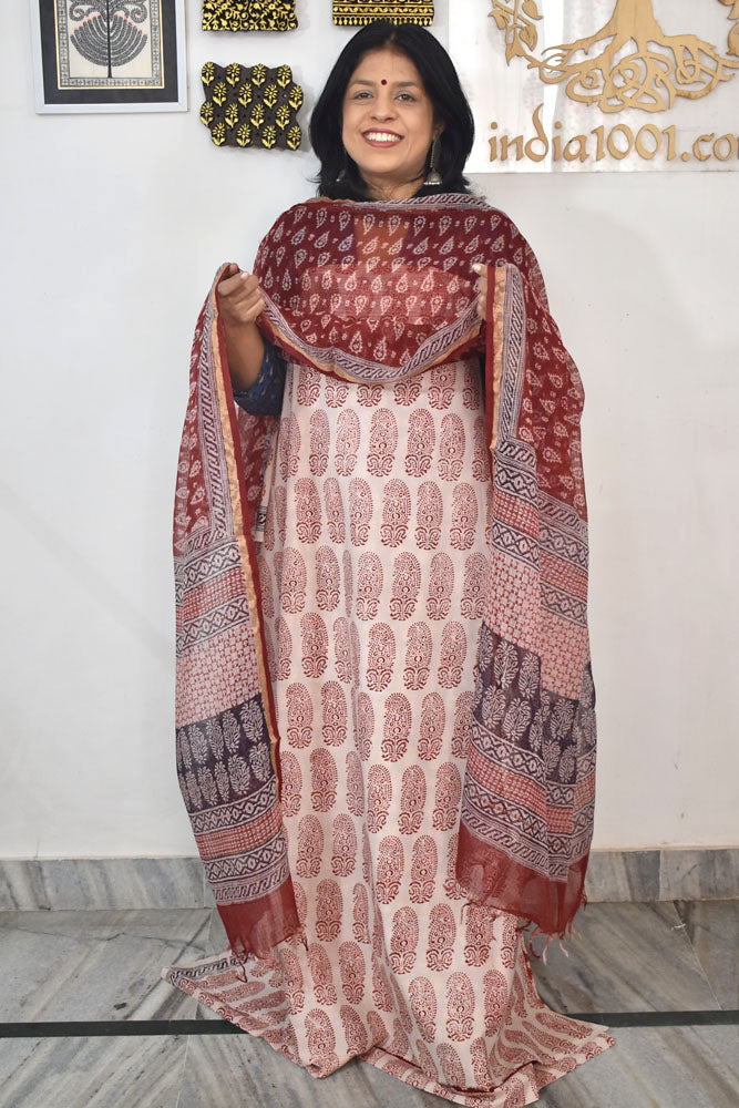 Classic Bagh Block Printed unstitched suit fabric with Kota Doria dupatta
