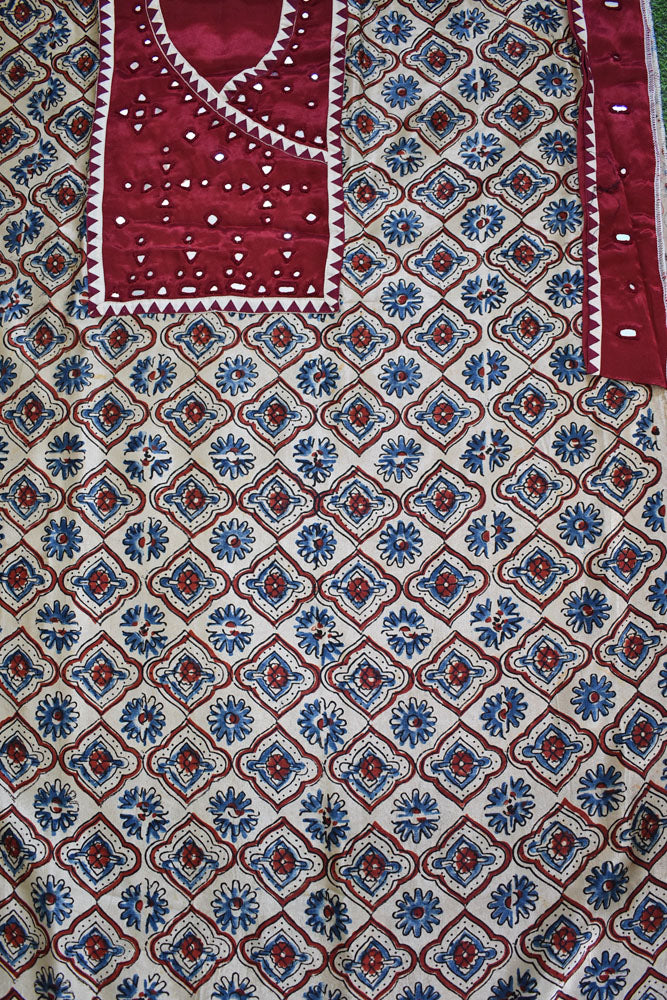 Designer Ajrakh Mashru Kurta Fabric with Kutch Mirror Work patch