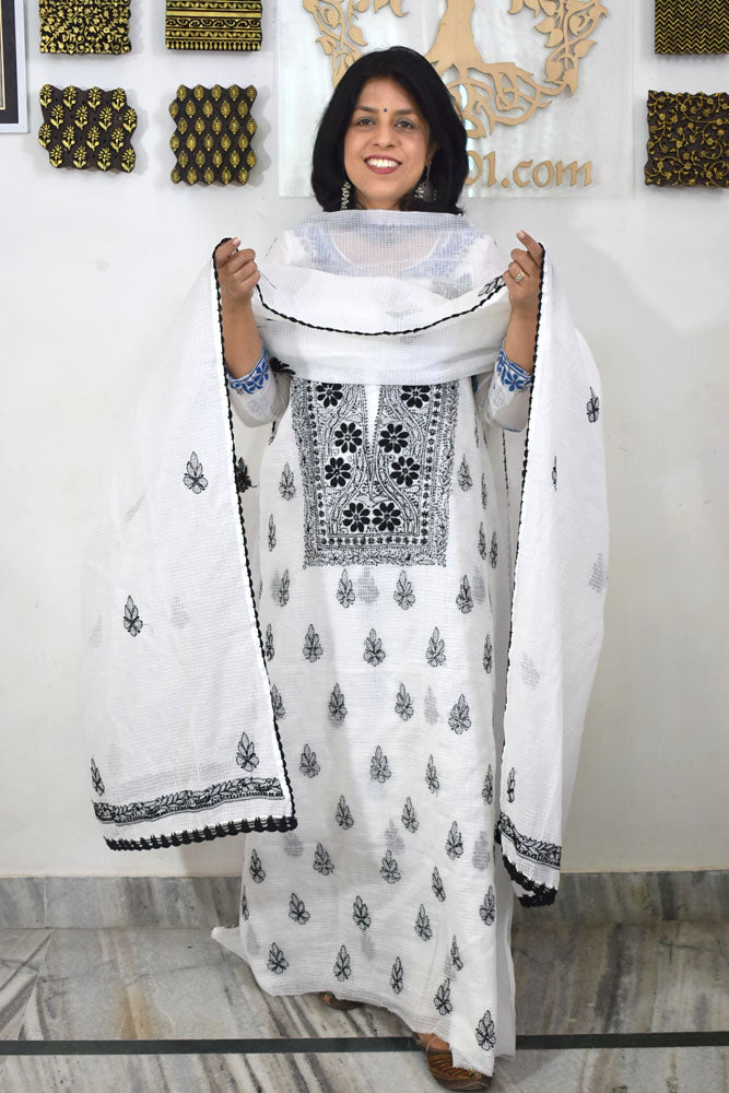 Elegant Kota Doria Kurta & Dupatta Set with Lucknowi Hand Chikankari embroidery