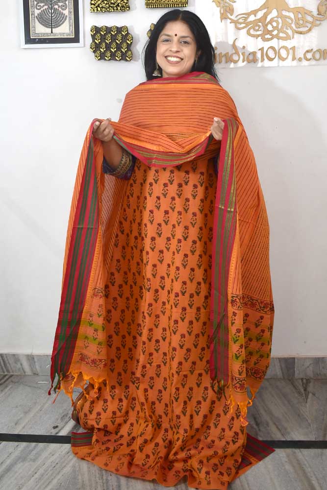 Beautiful Handwoven Chettinad & Narayanpet Cotton suit with Hand block print Dupatta