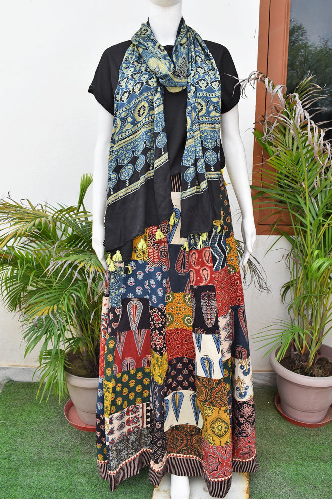 Beautiful Ajrakh Hand Block Printed Patch Work Cotton Long Skirt with Stitched borders