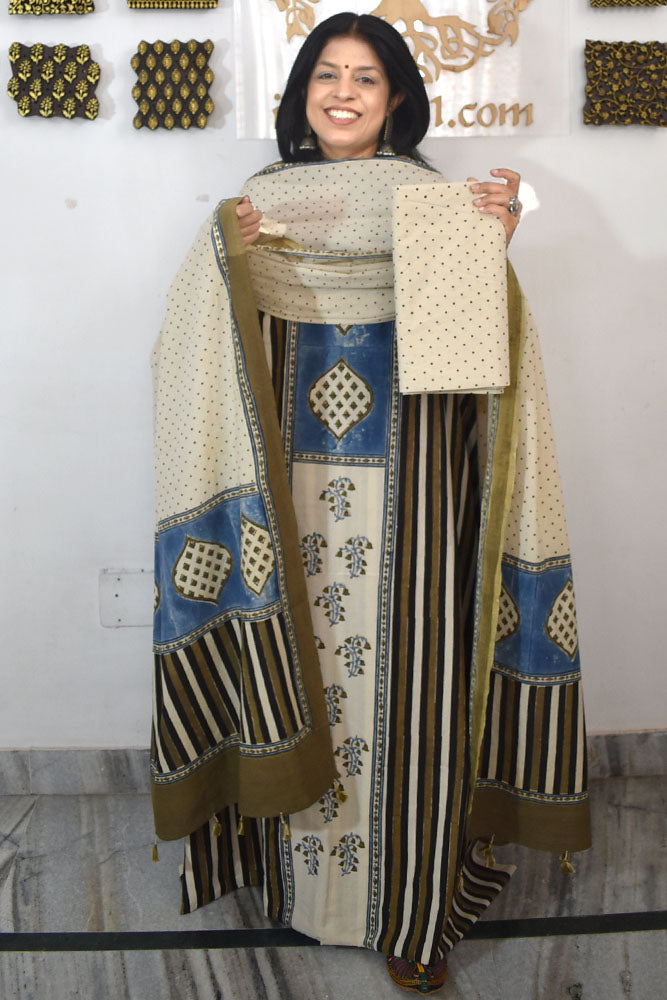 Designer Ajrakh Cotton Unstitched suit with panel design, Ajrakh Dupatta & Bottom- 3 piece set