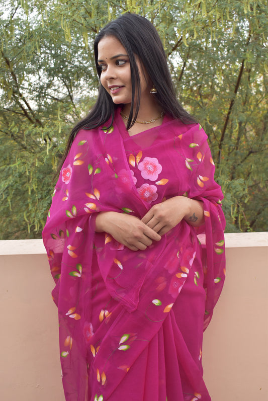 Prakriti : Beautiful Chiffon Saree with Hand Painted Floral Motifs