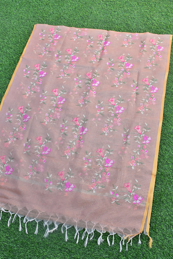 Elegant Kota Tissue dupatta with All over Cross Stitch Embroidery - Peach