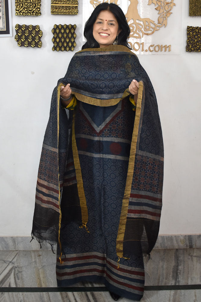 Beautiful Pure Linen Ajrakh Hand Block Print Suit