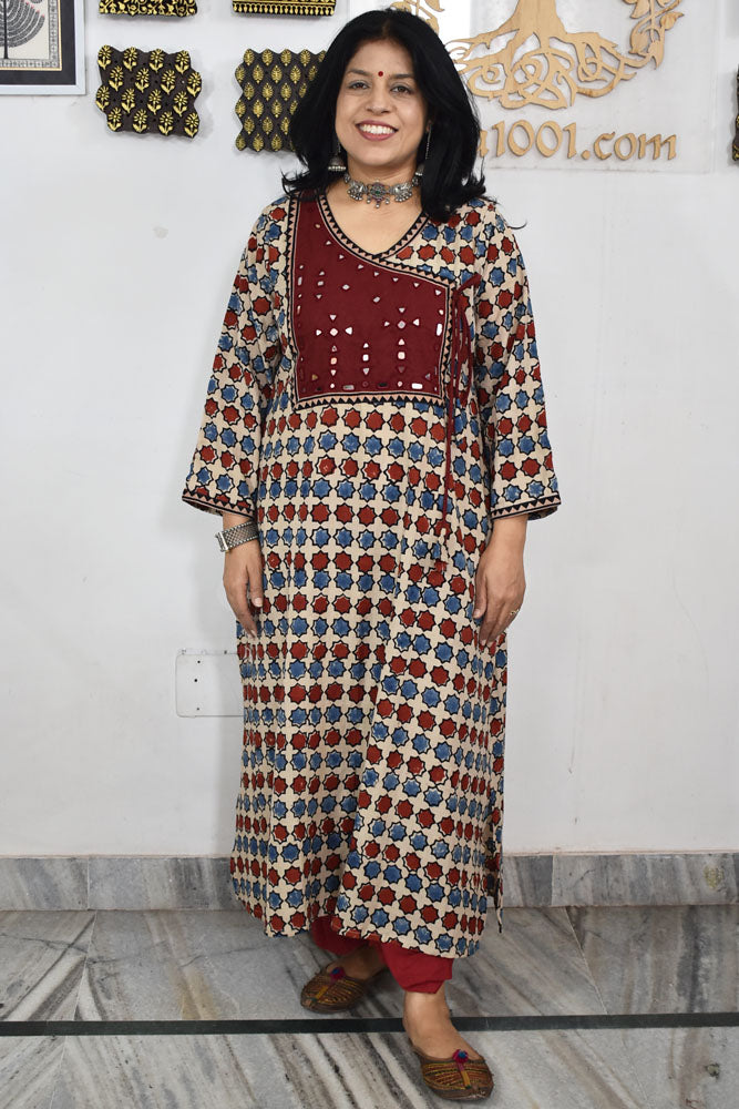 Designer Hand Block Printed Ajrakh cotton Kurta with Kutch Mirror work