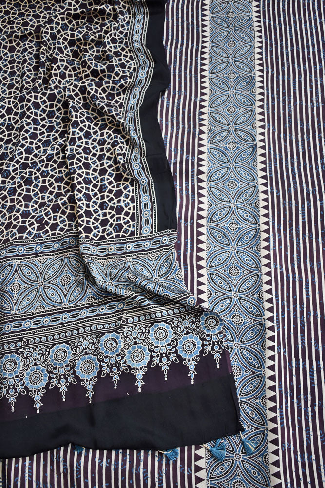 Designer Ajrakh Modal Kurta and Dupatta Set with Neck yoke and panel design