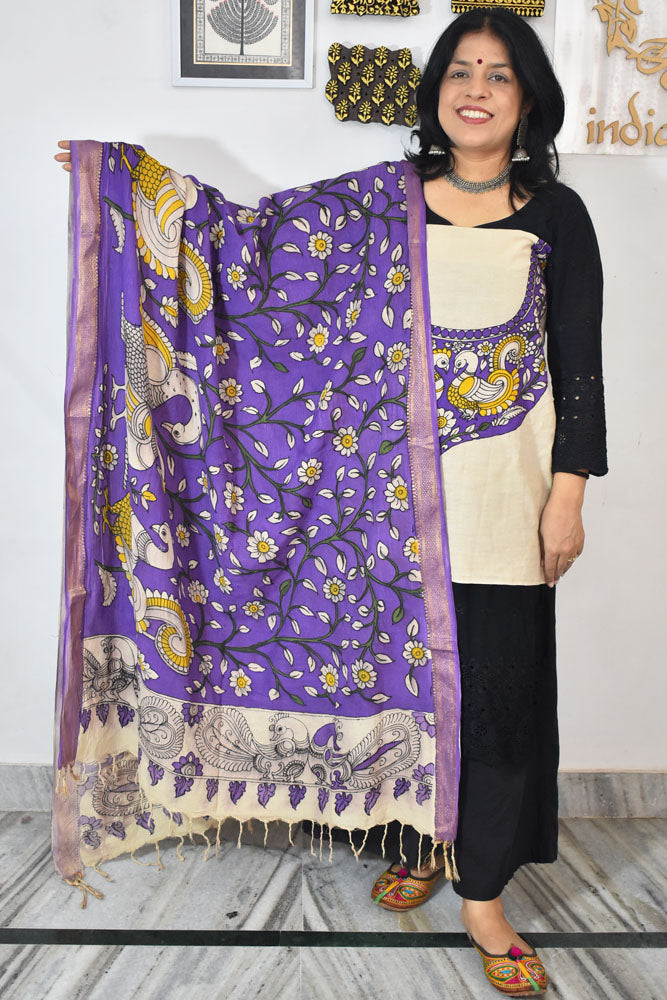 Beautiful Hand Painted Pen Kalamkari Dupatta & patch in Bangalore silk