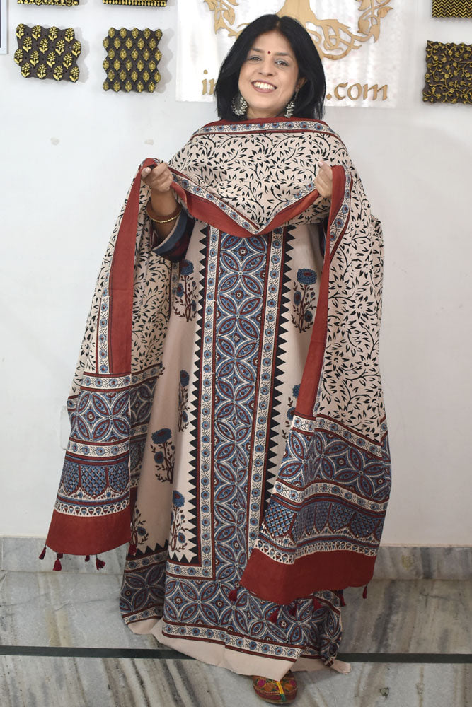 Designer Ajrakh Cotton Unstitched suit with panel design, Ajrakh Dupatta - 2 piece set