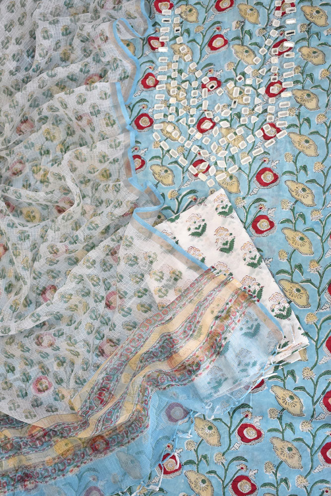 Beautiful Hand Block Printed Cotton unstitched suit with Kutch mirror work & kota dupatta