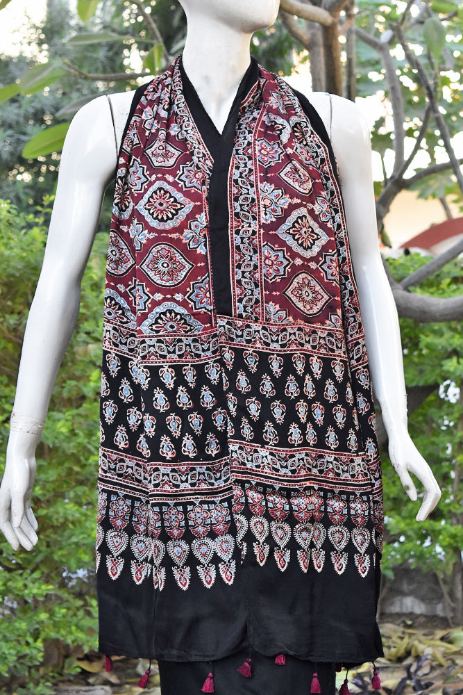 Beautiful Hand Block Printed Ajrakh Modal Silk stole with Tassels