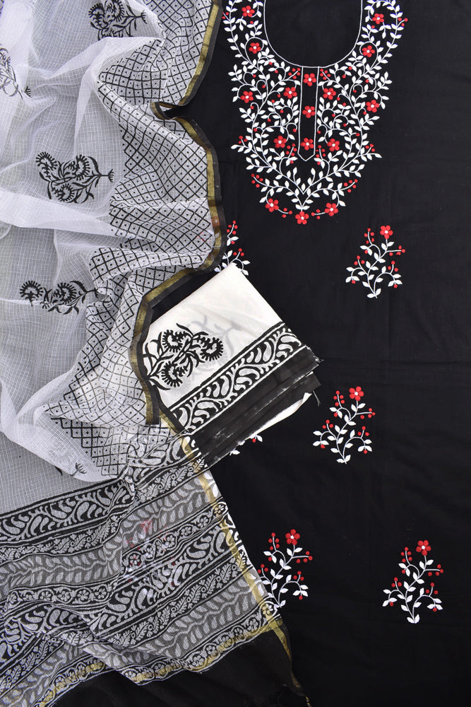 Elegant Cotton Unstitched Kurta withHand Phool Patti Work & Block printed Dupatta & Bottom - 3 pc Suit