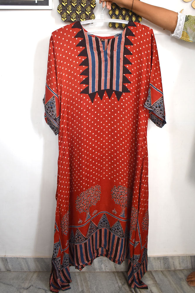 Beautiful Hand Block Printed Ajrakh Modal Silk Kaftan Kurta, Size 40 to 44
