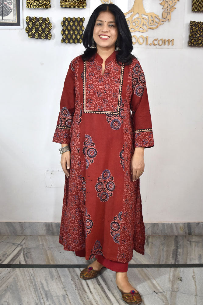 Designer Hand Block Printed Ajrakh cotton Kurta / Dress - Size 38 to 48 ( all sizes)