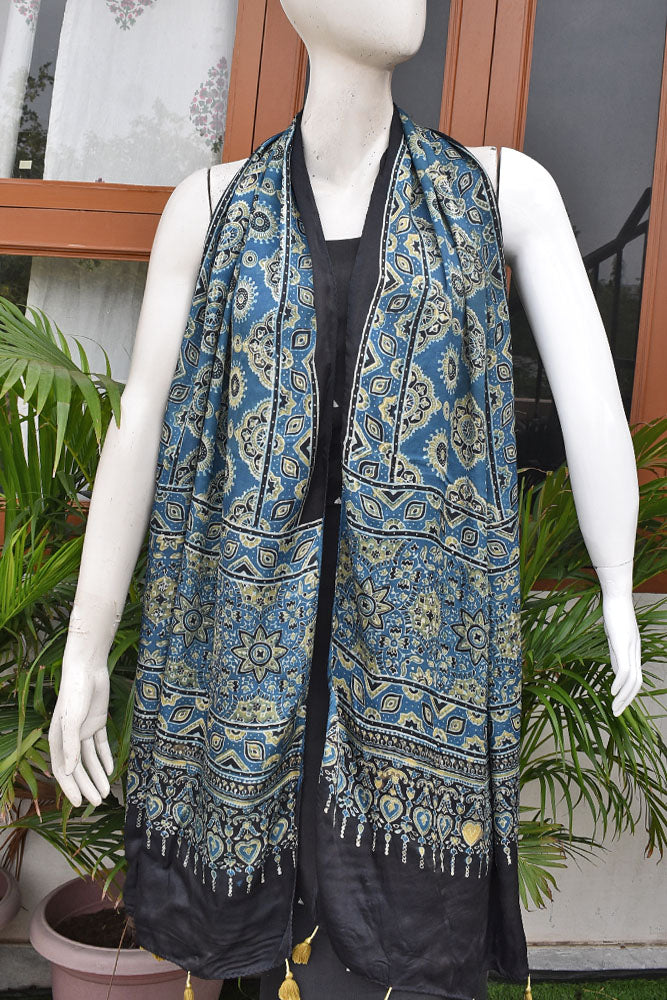 Beautiful Hand Block Printed Ajrakh Modal Silk stole with Tassels