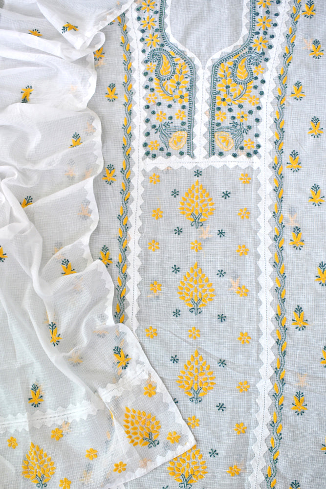Elegant Milky White Kota Kurta & Dupatta Set with Applique & Lucknowi Hand Chikankari embroidery