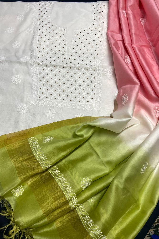 Elegant Chanderi Kurta & Tie & Dye Dupatta Set with Chikankari Embroidery & Muqaish work