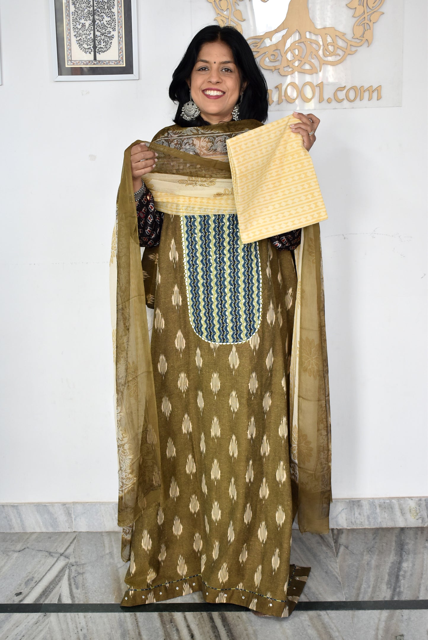 Elegant Handwoven Ikkat Cotton Unstitched Suit with Ajrakh patch ,Intricate Hand Embroidery block print dupatta