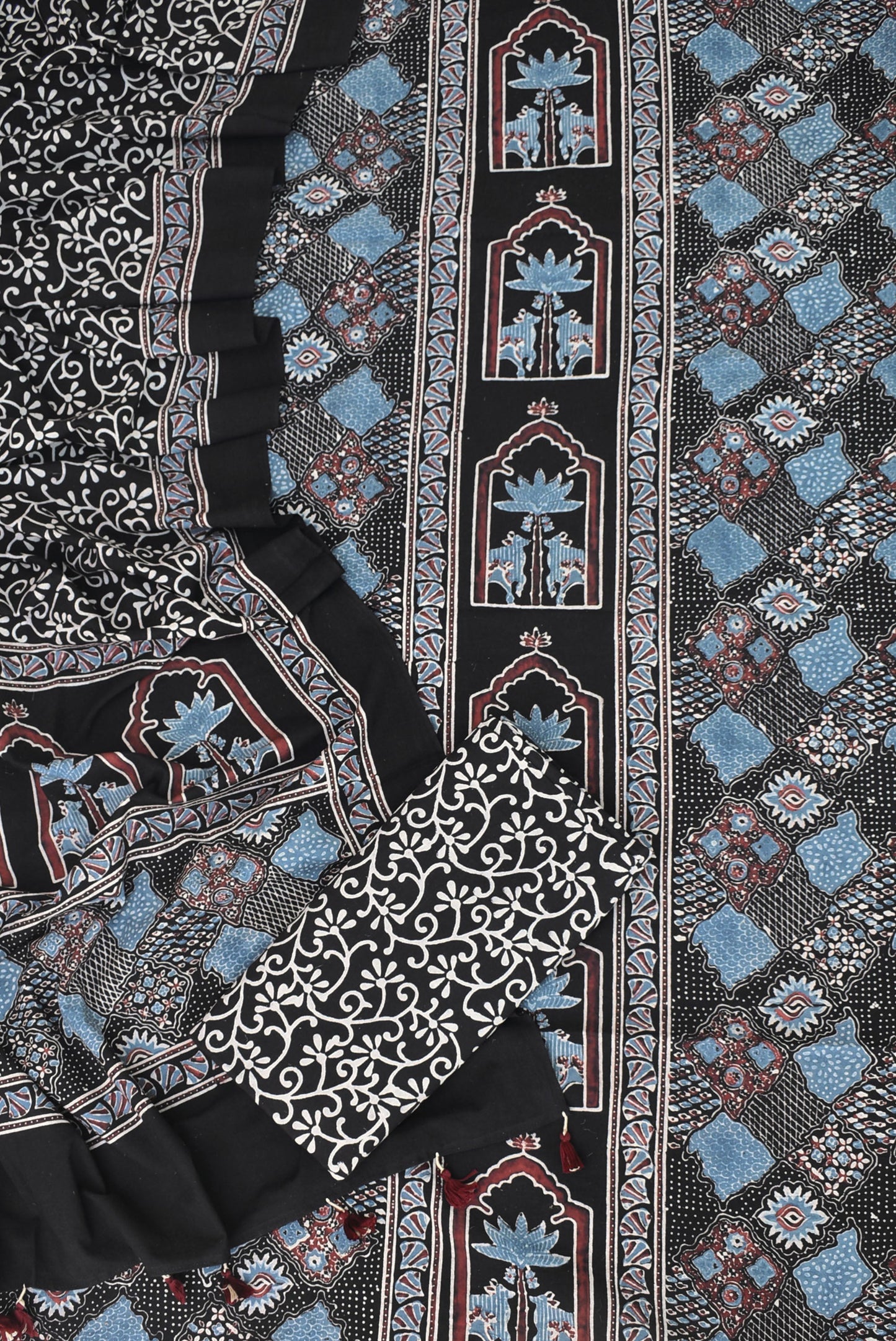 Hand Block Print Ajrakh Cotton Suit with designer Ajrakh neck yoke pattern