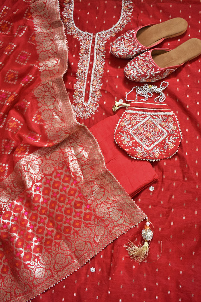 Beautiful Hand Embroidered Chanderi unstitched suit fabric with Banarasi Dupatta & Matching Potli bag & Jutti