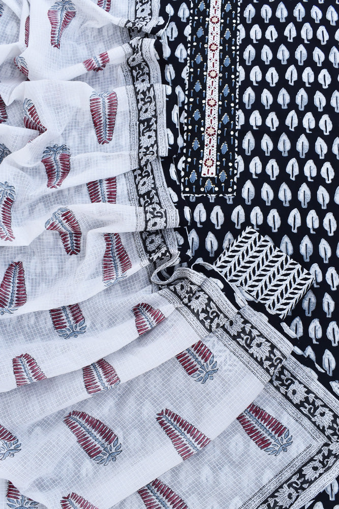 Premium Cotton Unstitched Suit with Intricate Hand Embroidery & Neck Patch with Cotton dupatta