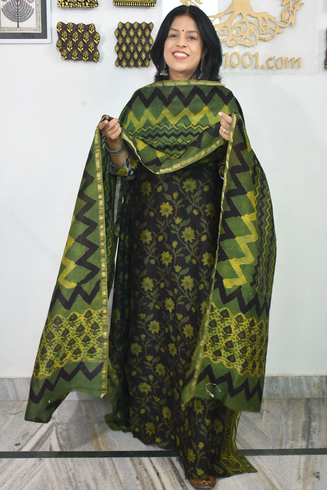 Beautiful Vanaspati Ajrakh Hand Block Printed Maheshwari Silk Cotton set
